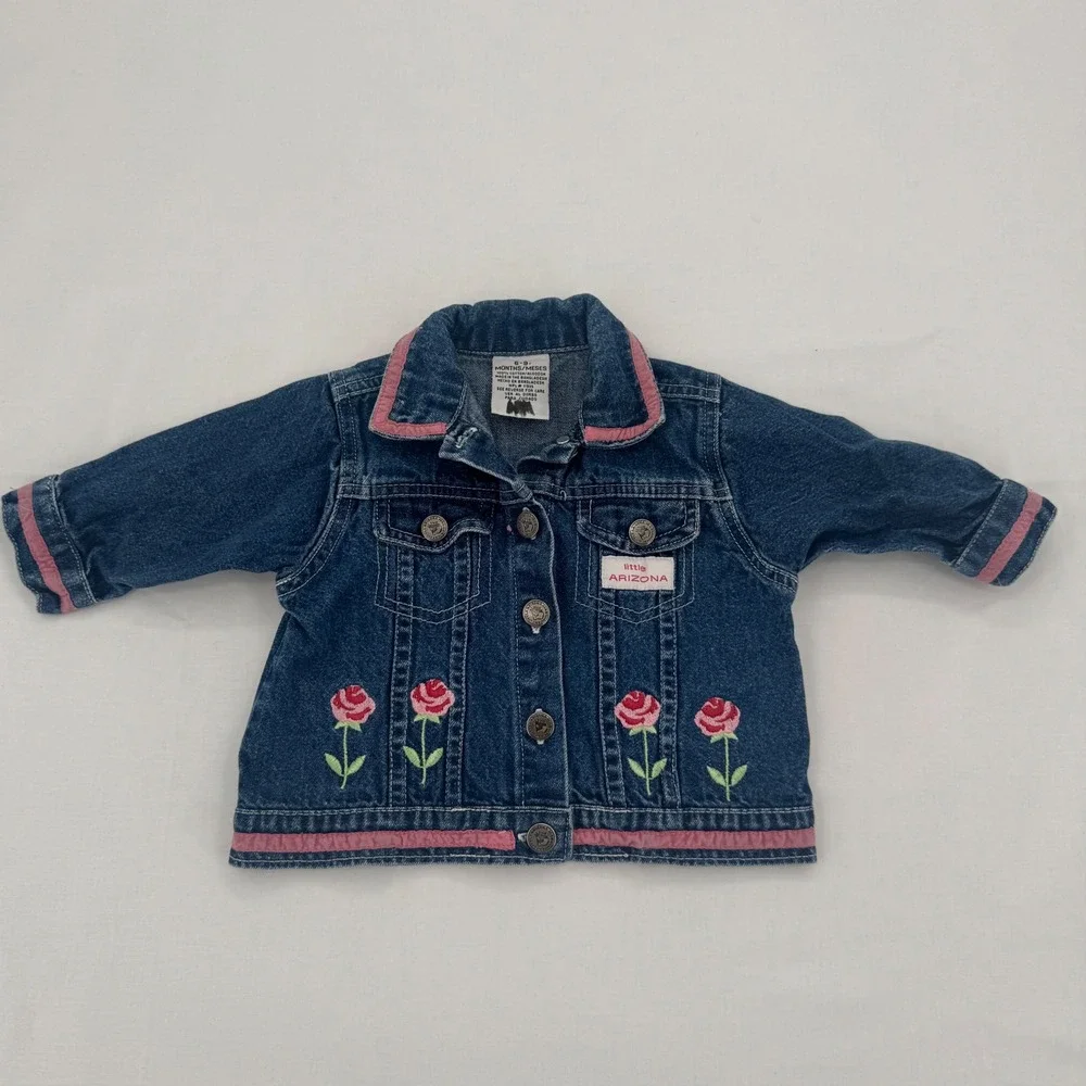 Little Arizona Baby Girls Vintage Denim Jacket Rose Embroidery Size 6-9 Months